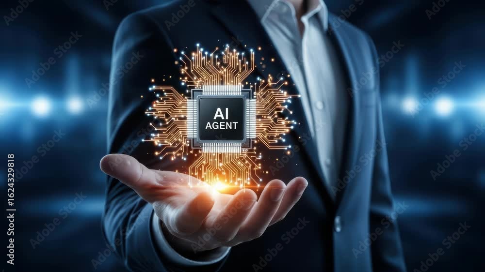 Poster a businessman in a suit presents a glowing artificial intelligence chip with intricate circuitry, sy