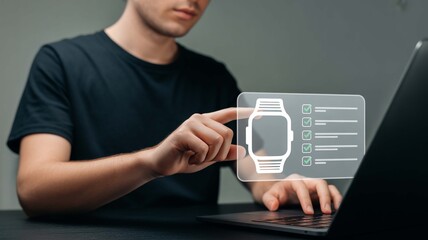 Professional is checking tasks on a virtual smartwatch checklist using laptop, showcasing modern workflow and productivity, perfect for tech and business promotions in digital era