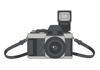 Vintage 35mm Film Camera with Flash and Strap.