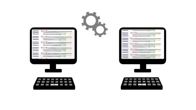 Dual computers with animated program code. Coding process on two screens. Suitable for software development, coding technology, and web development themes.