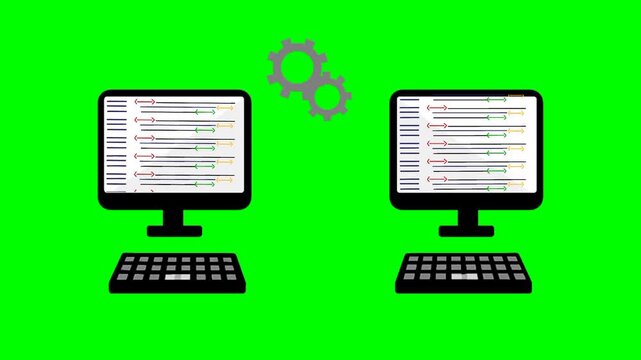 Dual computers with animated program code. Coding process on two screens. Suitable for software development, coding technology, and web development themes.