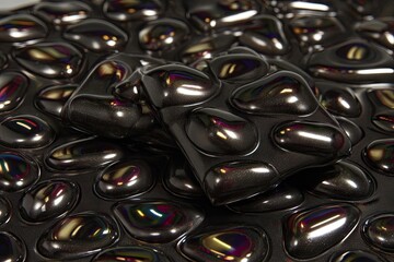 Dark, glossy, chocolate-like rectangles, or tablets, layered atop a textured surface.  Shiny, reflective, iridescent dark shapes resembling melted chocolate
