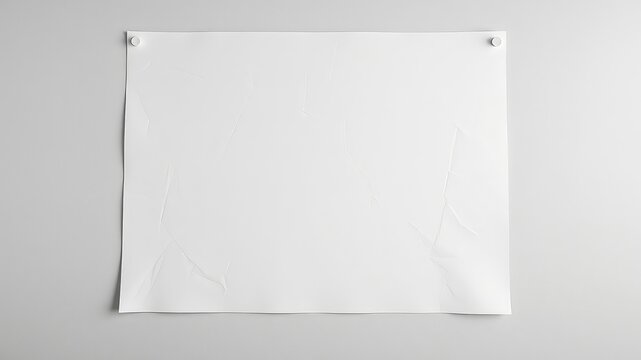 Blank white paper sheet attached to a wall with push pins, surface is wrinkled and ready for text or graphic design