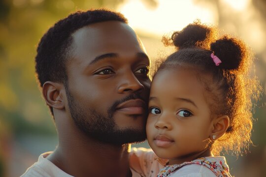 Black African American father and child, dad and daughter bonding. The image highlights affection and family togetherness, representing a positive and loving father-daughter, Generative AI