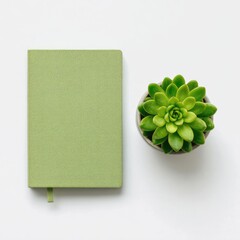 Sage green notebook rests beside a small potted succulent on a white background; simple, minimalist flatlay