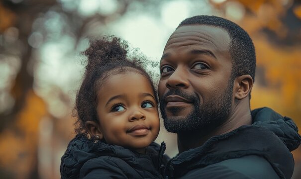 Black African American father and child, dad and daughter bonding. The image symbolizes family love and affection, emphasizing a positive father figure and quality time together, Generative AI