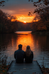 Couple sitting on dock, watching sunset.