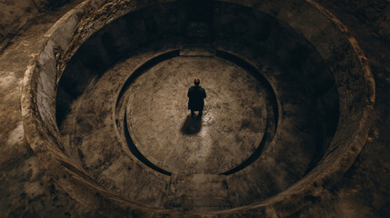 A man standing in the center of an old, round, spiral tunnel, top view, photorealistic, cinematic lighting, cinematic.