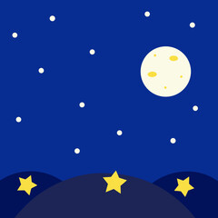 Whimsical night sky with moon and stars over rolling hills