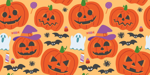 Halloween pumpkin seamless pattern with jack o' lantern, ghost, bat, spider, and wizard hat