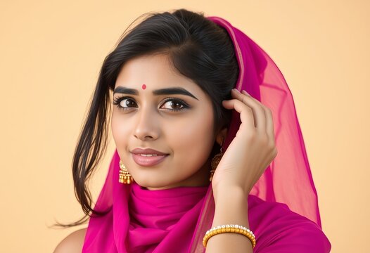 Portrait of beautiful indian woman in traditional dress with bindi and jewelry stock photo image