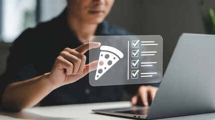 Person interacts with holographic display showing pizza icon and checklist, symbolizing online ordering or food selection convenience