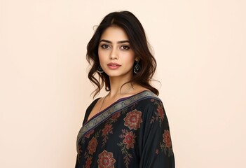 Portrait of beautiful indian woman in traditional saree elegant fashion photoshoot and jewelry style