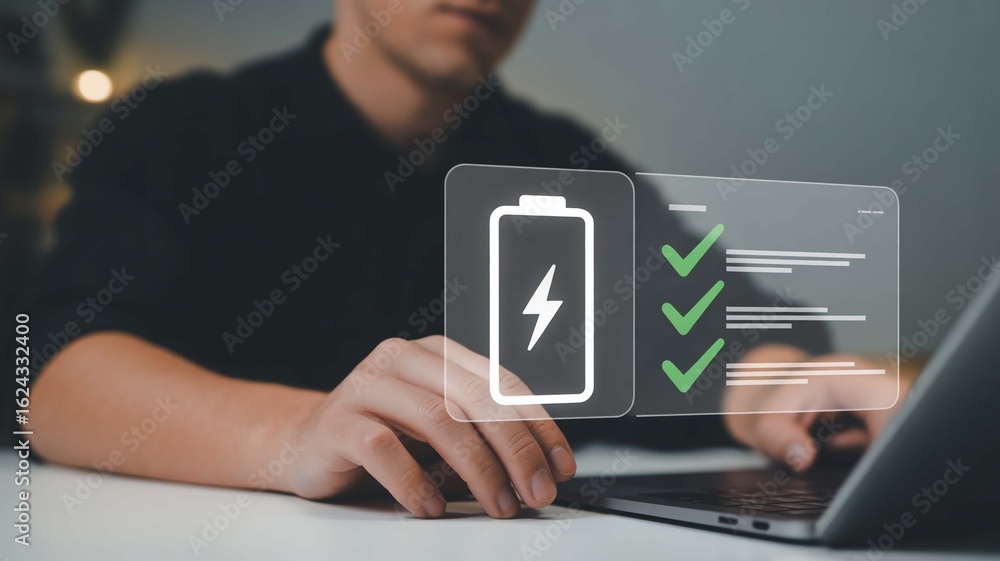 Poster person managing digital checklist with battery charge indicator and checkmarks on screen, symbolizin