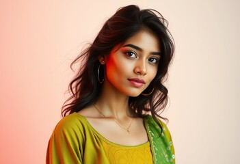Portrait of beautiful indian woman in traditional saree with jewelry and bindi looking at camera