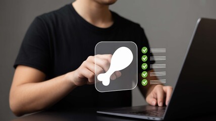 Man's hand interacting with a digital checklist featuring a chicken drumstick icon and green checkmarks, symbolizing successful task completion or approval