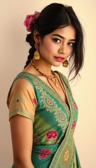 Fototapeta premium Portrait of beautiful indian woman in traditional saree with jewelry and flower in hair fashion style