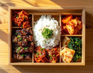 Korean Bento Box with Neatly Arranged Side Dishes