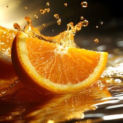 Orange Slice Plunging into Liquid with Splashing Droplets in Dra