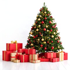 Festive Christmas tree adorned with red and gold ornaments, surrounded by a pile of presents