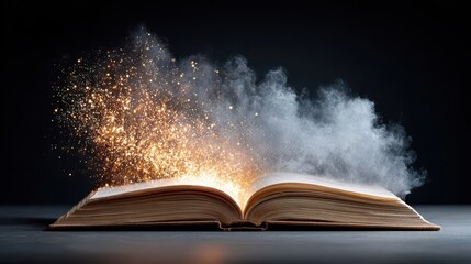 An open book emits sparks and smoke, creating a magical, transformative atmosphere that symbolizes creativity and imagination.