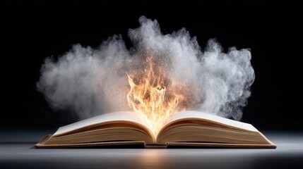 An open book emits flames and smoke, symbolizing the power of ideas and imagination, creating a dramatic visual effect.