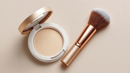 A stylish makeup compact with a shimmering powder and a soft brush, perfect for a glamorous look.