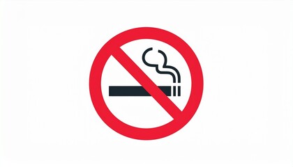 A red and black no smoking sign with a cigarette icon, isolated on a white background. Symbol for a smoke-free area and public health warning.