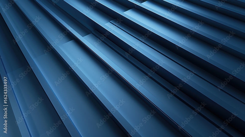 Poster abstract close up of blue metallic panels arranged diagonally with soft light and shadow creating de