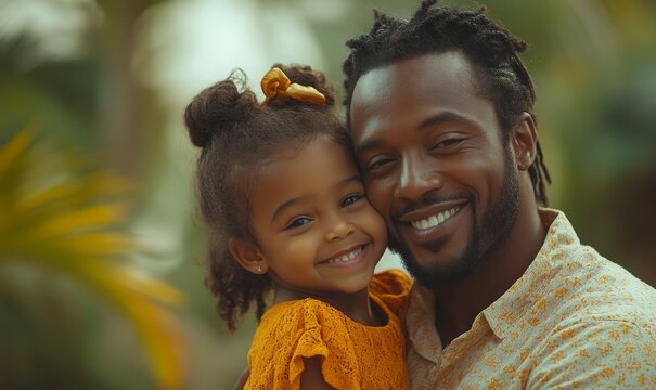 Happy candid African American father and child hugging outside, symbolizing quality time and the unconditional love shared between a father and daughter in nature, Generative AI
