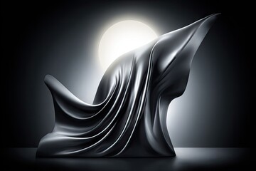 Dark, draped fabric sculpture with a moonlit backdrop