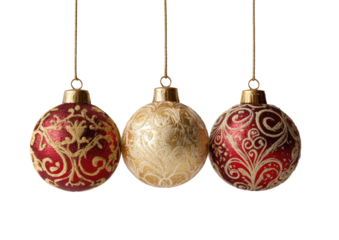 Three Christmas ornaments, gold and burgundy, hanging