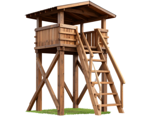 A wooden guard tower featuring a ladder leading to the top on transparent background. 