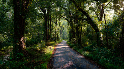 Fototapeta premium Tranquil Adventure: Cycle Through Nature's Lush Canopy on a Serene Woodland Trail