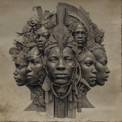 a pencil drawing of several African faces in an elaborate composition,