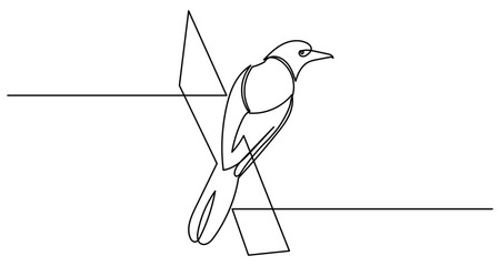 Continuous line drawing of a bird perched gracefully, created with continuous flowing lines. Minimalist simplicity and elegance, capturing the bird's form with artistic minimal detail.one line vector 