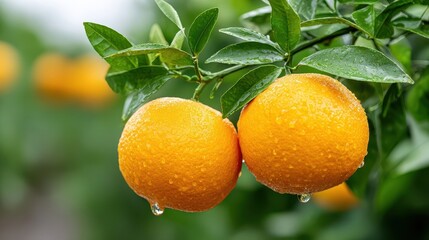 Fresh oranges glistening with raindrops hang from a green branch, surrounded by lush foliage in a vibrant, sunny grove.