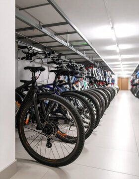Bike storage rows in a modern indoor facility