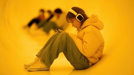 Teen Listening Music | Headphones, Mobile, Tech, Yellow