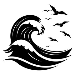 Seabirds Over Waves Silhouette