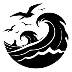 Seabirds Over Waves Silhouette