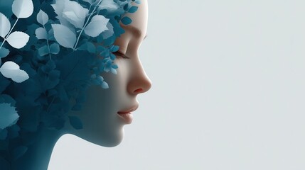 A serene profile of a woman with a floral design merging into her hair, symbolizing the connection between nature and humanity.