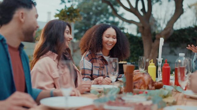 Friends, event and laughing at lunch outdoor for funny conversation, bonding and social gathering. Thanksgiving celebration, people and happy with eating for holiday reunion and weekend break