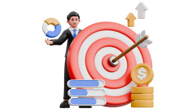 3D businessman with target board, arrow hitting bullseye, financial growth, business goals, strategy and success concept illustration