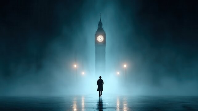 A silhouetted figure stands in fog near a large clock tower, illuminated by streetlights, creating a mysterious and atmospheric scene.