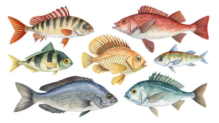 Collection of seven different fish species isolated on transparent background