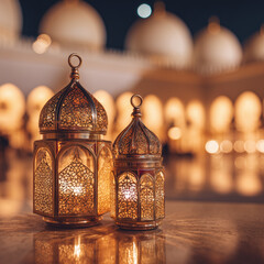 Warm glowing lanterns of intricate gold designs beautifully displayed in a market, capturing a traditional and serene aesthetic in a festive and evening setting with ambient lighting.