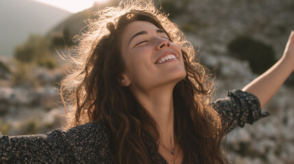 A close-up of a young woman with arms extended enjoying the warm sun and breeze outdoors, expressing happiness.