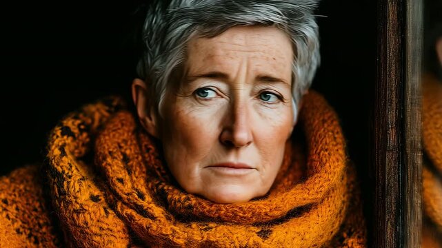A contemplative lesbian woman with short hair wrapped in a vibrant orange scarf gazes pensively, evoking a sense of introspection and warmth amidst a dark backdrop. The mood is reflective and serene.