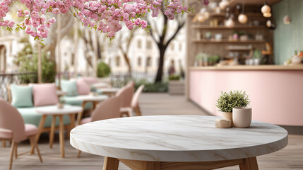 Beautiful outdoor café with marble table, cherry blossoms, pastel furniture, creating a serene and welcoming atmosphere perfect for relaxation or enjoying a meal in a picturesque setting.